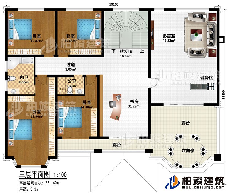 三层：楼梯间、书房、过道、4卧室、公卫、内卫、影音室、健身房、2露台、六角亭